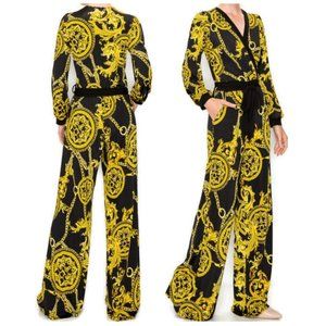 Janette Fashion Black Gold Chain Bell Long Sleeve V-neck Jumpsuit